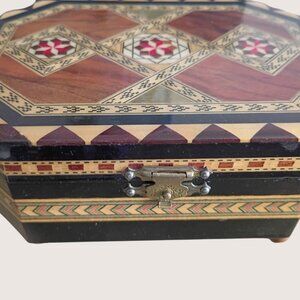 Vintage Octagonal Wooden Music Box | Wind-Up Inlaid Jewelry Box | Working Music